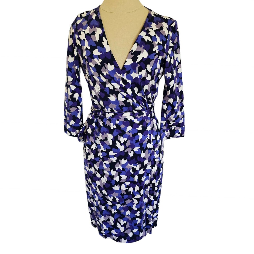 Diane Von Furstenberg Blue, Black & White Printed Wrap Midi Dress